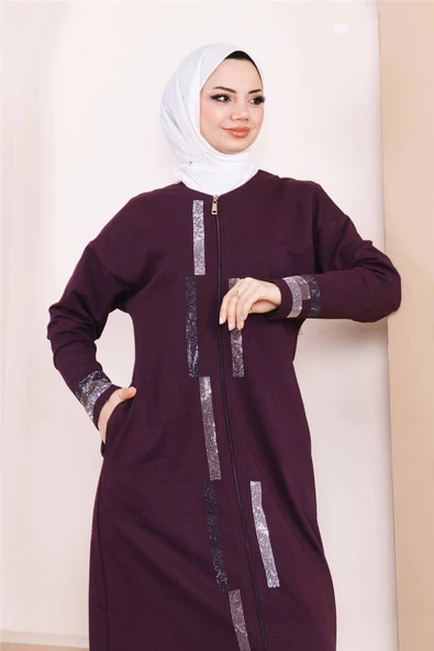 Taş Detaylı Fermuarlı Cepli Uzun Ferace - 71181.020 - Mürdüm - 7