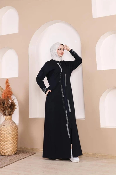 Taş Detaylı Fermuarlı Cepli Uzun Ferace - 71181.015 - Lacivert - 5