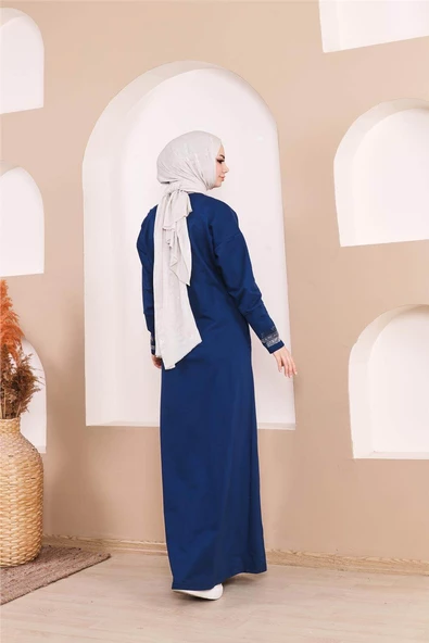 Taş Detaylı Fermuarlı Cepli Uzun Ferace - 71181.006 - İndigo - 9