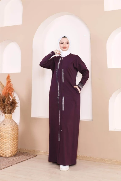 Taş Detaylı Fermuarlı Cepli Uzun Ferace - 71181.020 - Mürdüm - 2