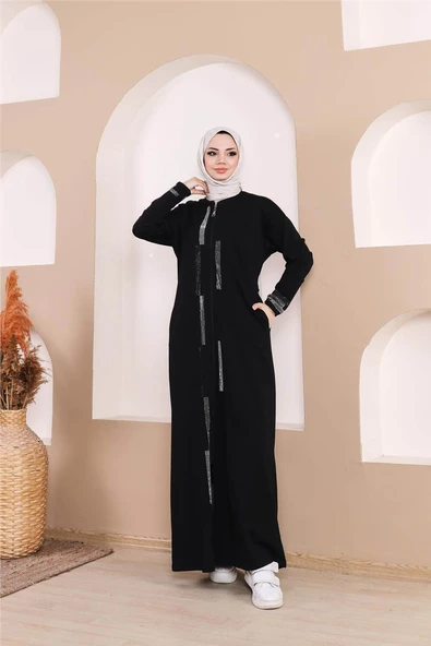 Taş Detaylı Fermuarlı Cepli Uzun Ferace - 71181.003 - Siyah - 3
