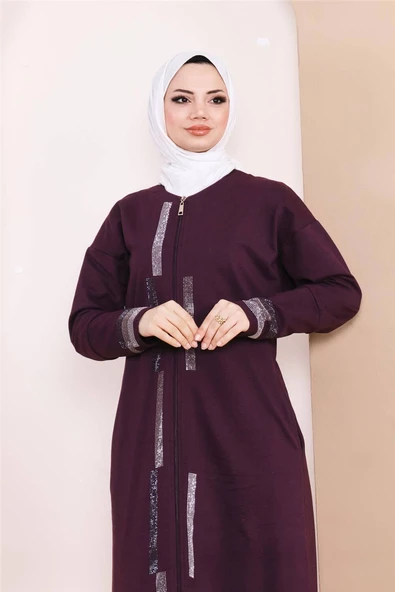 Taş Detaylı Fermuarlı Cepli Uzun Ferace - 71181.020 - Mürdüm - 11