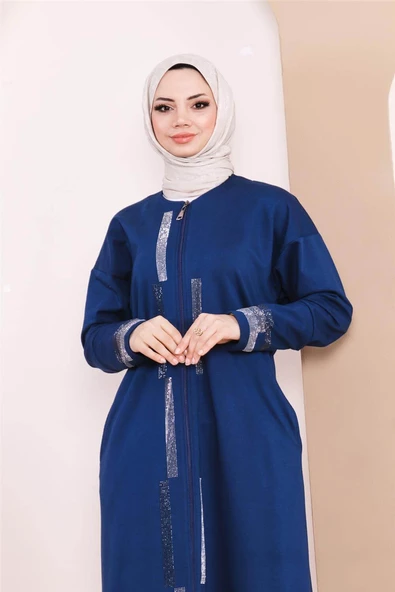 Taş Detaylı Fermuarlı Cepli Uzun Ferace - 71181.006 - İndigo - 6