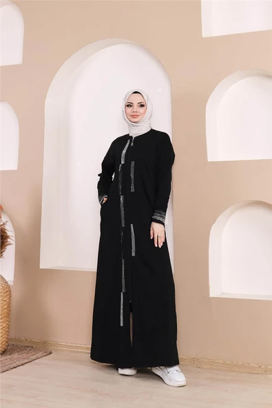 Taş Detaylı Fermuarlı Cepli Uzun Ferace - 71181.003 - Siyah - 5