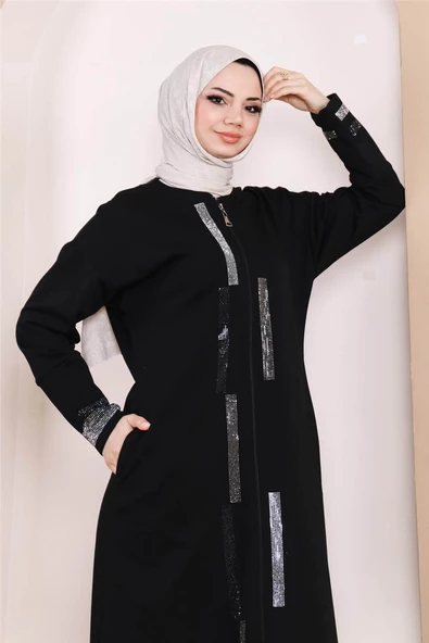 Taş Detaylı Fermuarlı Cepli Uzun Ferace - 71181.003 - Siyah - 8