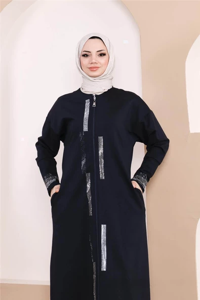 Taş Detaylı Fermuarlı Cepli Uzun Ferace - 71181.015 - Lacivert - 8