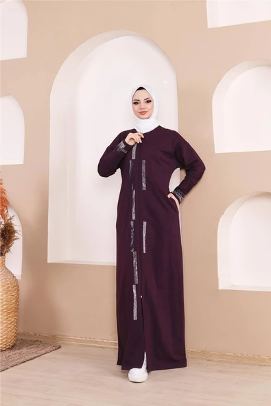 Taş Detaylı Fermuarlı Cepli Uzun Ferace - 71181.020 - Mürdüm - 10