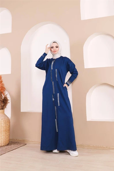 Taş Detaylı Fermuarlı Cepli Uzun Ferace - 71181.006 - İndigo - 3