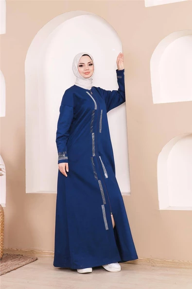 Taş Detaylı Fermuarlı Cepli Uzun Ferace - 71181.006 - İndigo - 10