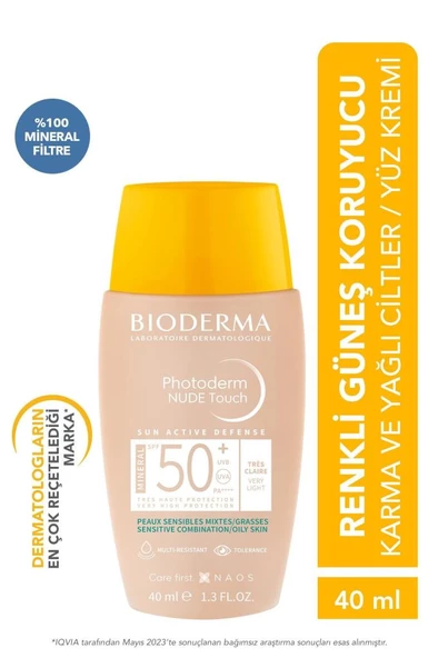 Bioderma Photoderm Nude Touch SPF50+ Very Light Karma Yağlı Ciltler Kapatıcı Etkili Renkli Güneş Kremi 40 ml