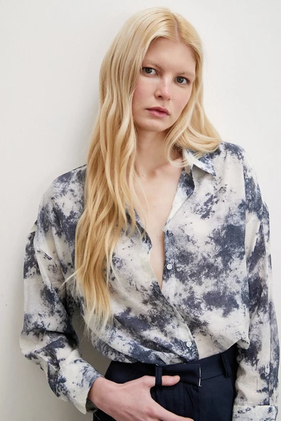 Desenli Oversize Gömlek Siyah - Resim 6