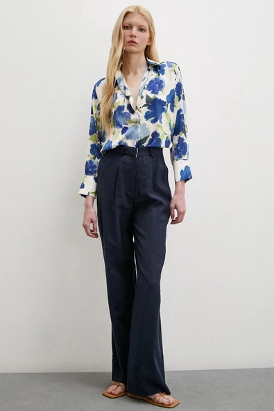 Çok Renkli Çiçek Desenli Gömlek Mavi - Resim 5