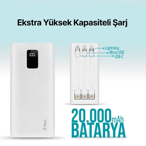 Polham Ttec 22.5W 20000mAh Dahili Kablolu Powerbank, USB A, Type C ve Micro USB Kablolu Ultra Hızlı - 2