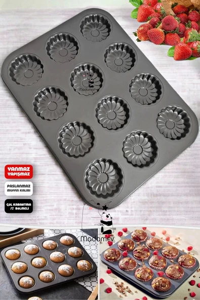 12li Cupcake Muffin Kalıbı Gül Kabartmalı Yanmaz Yapışmaz Fırın Kek Kapsül Paslanmaz Çelik Siyah