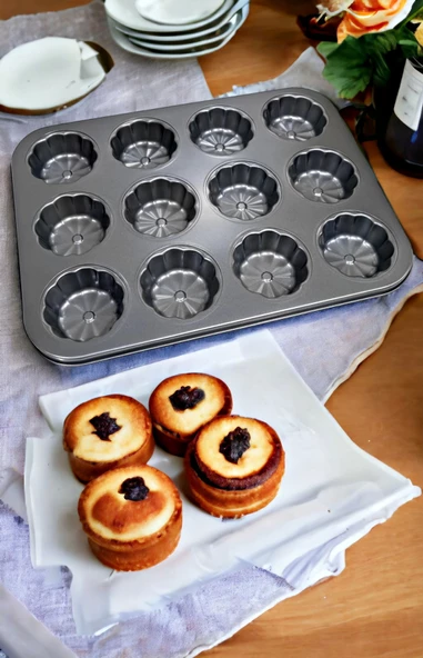 2 Adet 12li Cupcake Muffin Kalıbı Gül Kabartmalı Yanmaz Yapışmaz Fırın Kek Kapsülü Çelik Siyah - 4