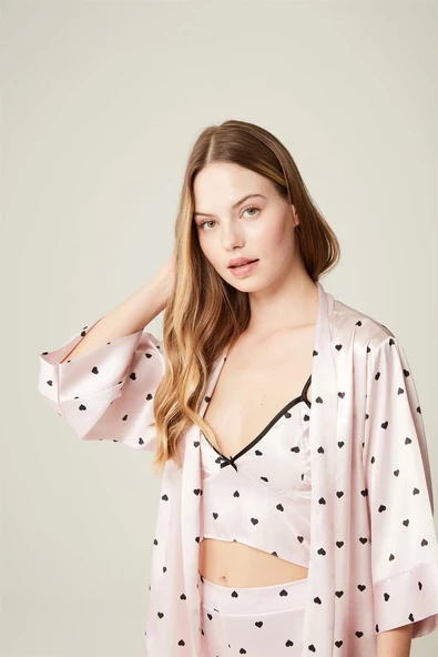 Saten Ashley Sabahlık Büstiyer Pantolon 3'lü Takım Heart - 2