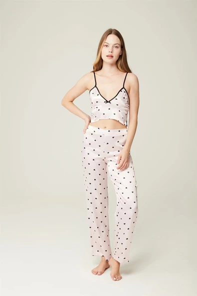 Saten Ashley Sabahlık Büstiyer Pantolon 3'lü Takım Heart - 3