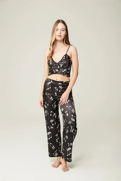 Saten Ashley Sabahlık Büstiyer Pantolon 3'lü Takım Music - 3