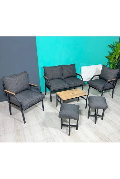 UFUK HOME Linda 2+1+1+ 2 Puf + Sehpalı Antrasit Bahçe Balkon Takımı Bahçe Mutfak Mobilyası,kafe Sandalyesi, Puf - 3