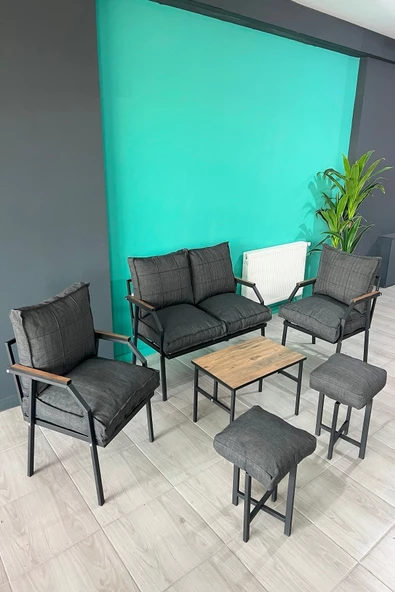 UFUK HOME Linda 2+1+1+ 2 Puf + Sehpalı Antrasit Bahçe Balkon Takımı Bahçe Mutfak Mobilyası,kafe Sandalyesi, Puf - 2
