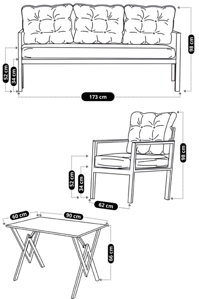 UFUK HOME Miray 311 Masalı Antrasit Fermuarlı Bahçe Balkon Takımı, Salon, Teras- Berjer Düğmeli Metal Çay Seti - 5