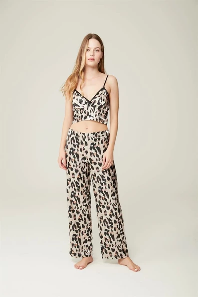 Saten Ashley Sabahlık Büstiyer Pantolon 3'lü Takım Leopard - 3