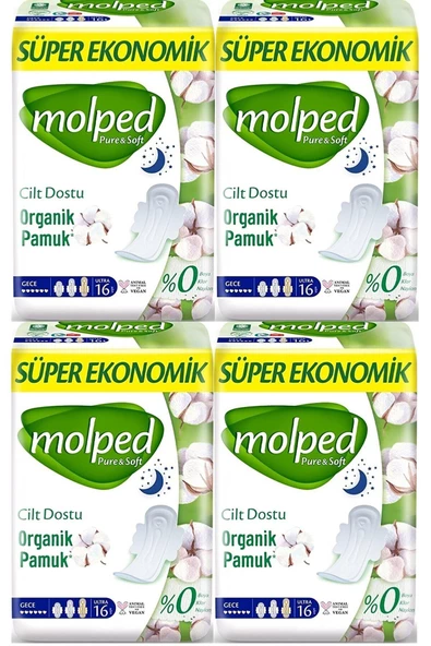 Molped Pure & Soft Gece Süper Ekonomik Ped 16 Lı X 4 Adet