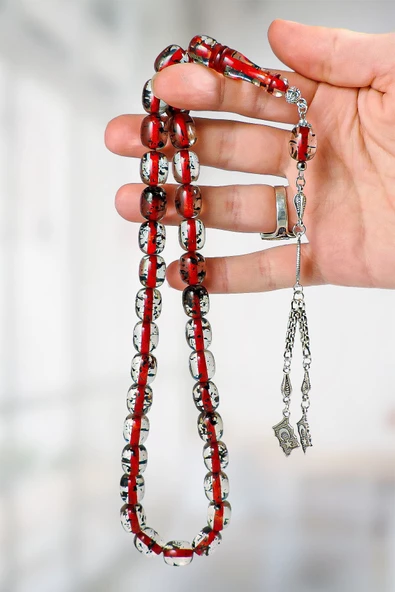 Çay Fosilli Güzel Çekimli İri Taneli Toz Kehribar Tesbih - 3