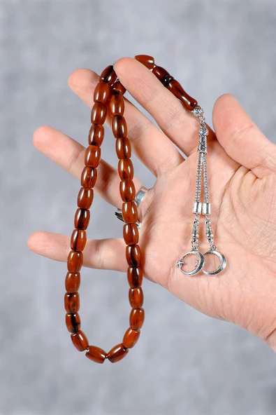 Fıçı Tane Kahverengi Toz Kehribar Tesbih - 3