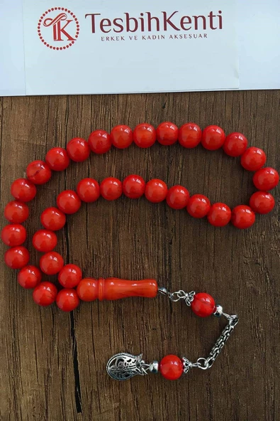 Küre Tane Orta Boy Bordo Renk Toz Kehribar Tesbih