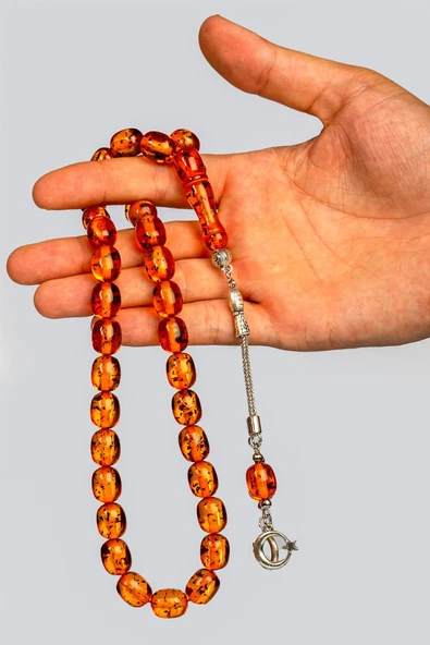 İri Boy Çay Fosilli Koyu Turuncu Toz Kehribar Tesbih - 2