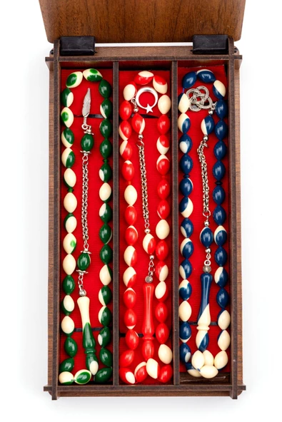 Ahşap Kutuda 3'lü Toz Kehribar Bilardo Tesbih Seti - 3