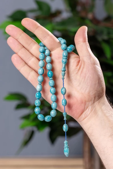 Ebruli Su Yeşili Sıkma Kehribar Tesbih - Resim 8