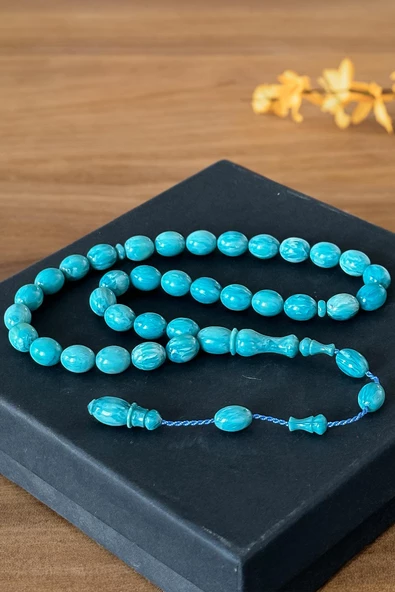 Ebruli Su Yeşili Sıkma Kehribar Tesbih - Resim 4