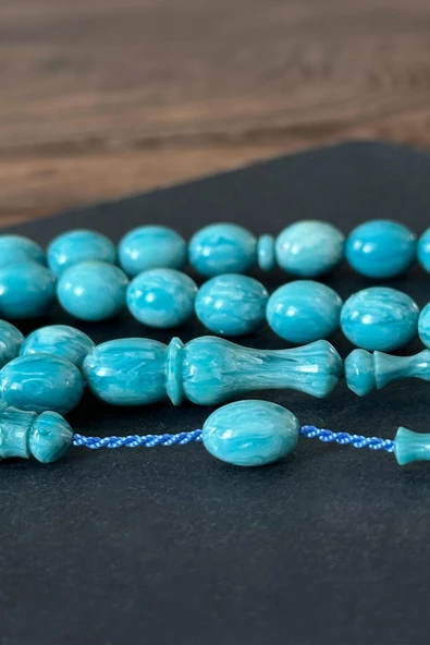 Ebruli Su Yeşili Sıkma Kehribar Tesbih - Resim 5