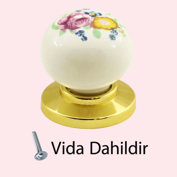 8 Adet Kardelen Gerçek Porselen Düğme Gold Altın Çekmece Dolap Kapak Kulpu Kulbu Porselen Kulp - 4