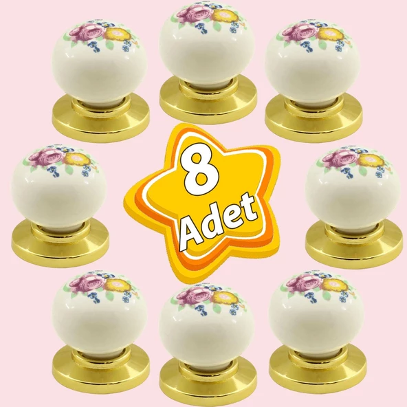 8 Adet Kardelen Gerçek Porselen Düğme Gold Altın Çekmece Dolap Kapak Kulpu Kulbu Porselen Kulp
