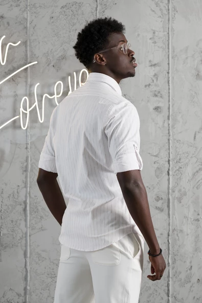 Advante Kalın Çizgili Katlamalı Kol Yaka Düğmeli Slimfit Pamuklu Yazlık Gömlek - Resim 9