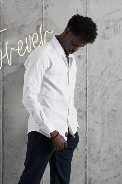 Advante Kalın Çizgili Katlamalı Kol Yaka Düğmeli Slimfit Pamuklu Yazlık Gömlek - Resim 3