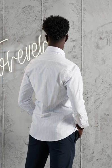 Advante Kalın Çizgili Katlamalı Kol Yaka Düğmeli Slimfit Pamuklu Yazlık Gömlek - Resim 4