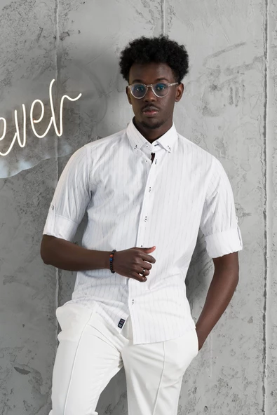 Advante Kalın Çizgili Katlamalı Kol Yaka Düğmeli Slimfit Pamuklu Yazlık Gömlek - Resim 12