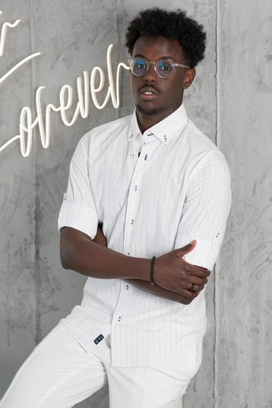 Advante Kalın Çizgili Katlamalı Kol Yaka Düğmeli Slimfit Pamuklu Yazlık Gömlek - Resim 11