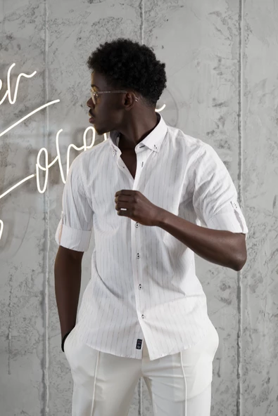 Advante Kalın Çizgili Katlamalı Kol Yaka Düğmeli Slimfit Pamuklu Yazlık Gömlek - Resim 7