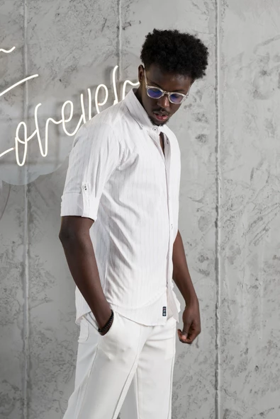 Advante Kalın Çizgili Katlamalı Kol Yaka Düğmeli Slimfit Pamuklu Yazlık Gömlek - Resim 8