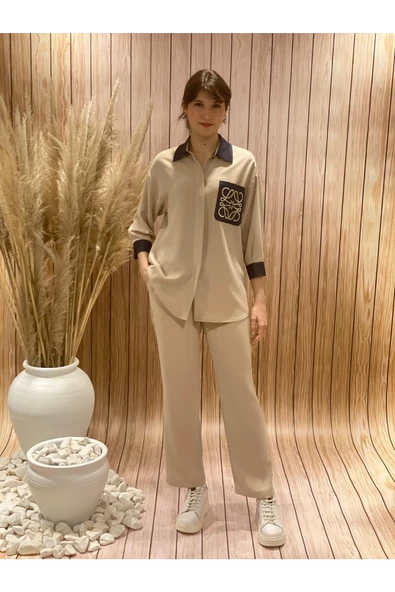 Modatalika Kadın Yeni Sezon Gömlek Yaka Cepli Bluz Pantolon İkili Takım - Resim 3