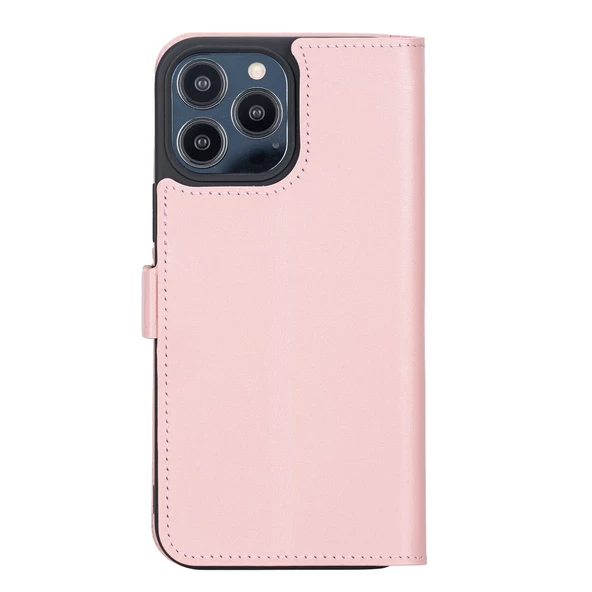 Apple iPhone 13 Pro Max Uyumlu Deri Cüzdanlı Kılıf Toz Pembe - 3