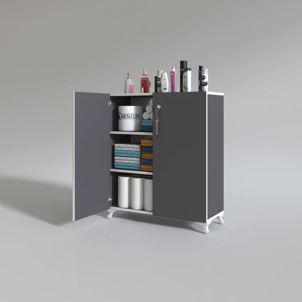 Kenzlife 2 kapılı dolap çilem 088*070*032 gri kilitli ayaklı banyo mutfak ofis kitaplık ayakkabılık kiler - Resim 3