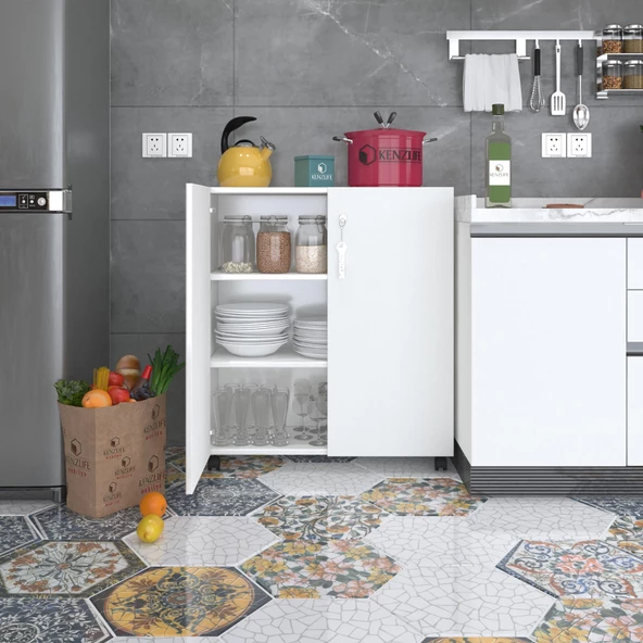 Kenzlife 2 kapılı dolap çilem 088x070x032 byz kilitli tekerlekli banyo mutfak ofis kitaplık ayakkabılık kiler