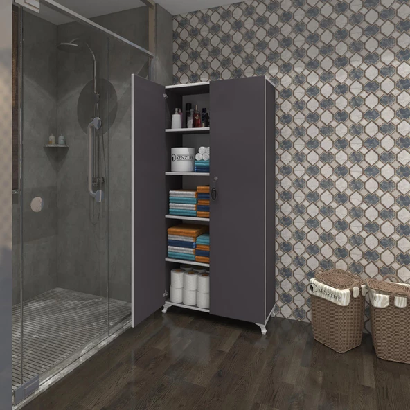Kenzlife 2 kapılı dolap çilem 188*090*032 gri kilitli ayaklı banyo mutfak ofis kitaplık ayakkabılık kiler - Resim 4
