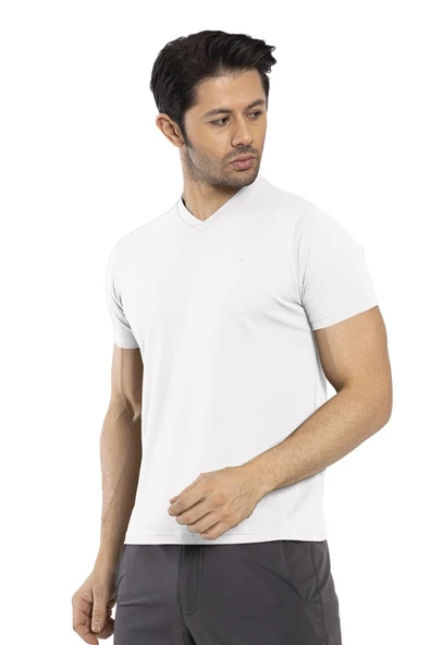 Waffle - Erkek Beyaz V Yaka Spor T-shirt - 7130-08 - 2